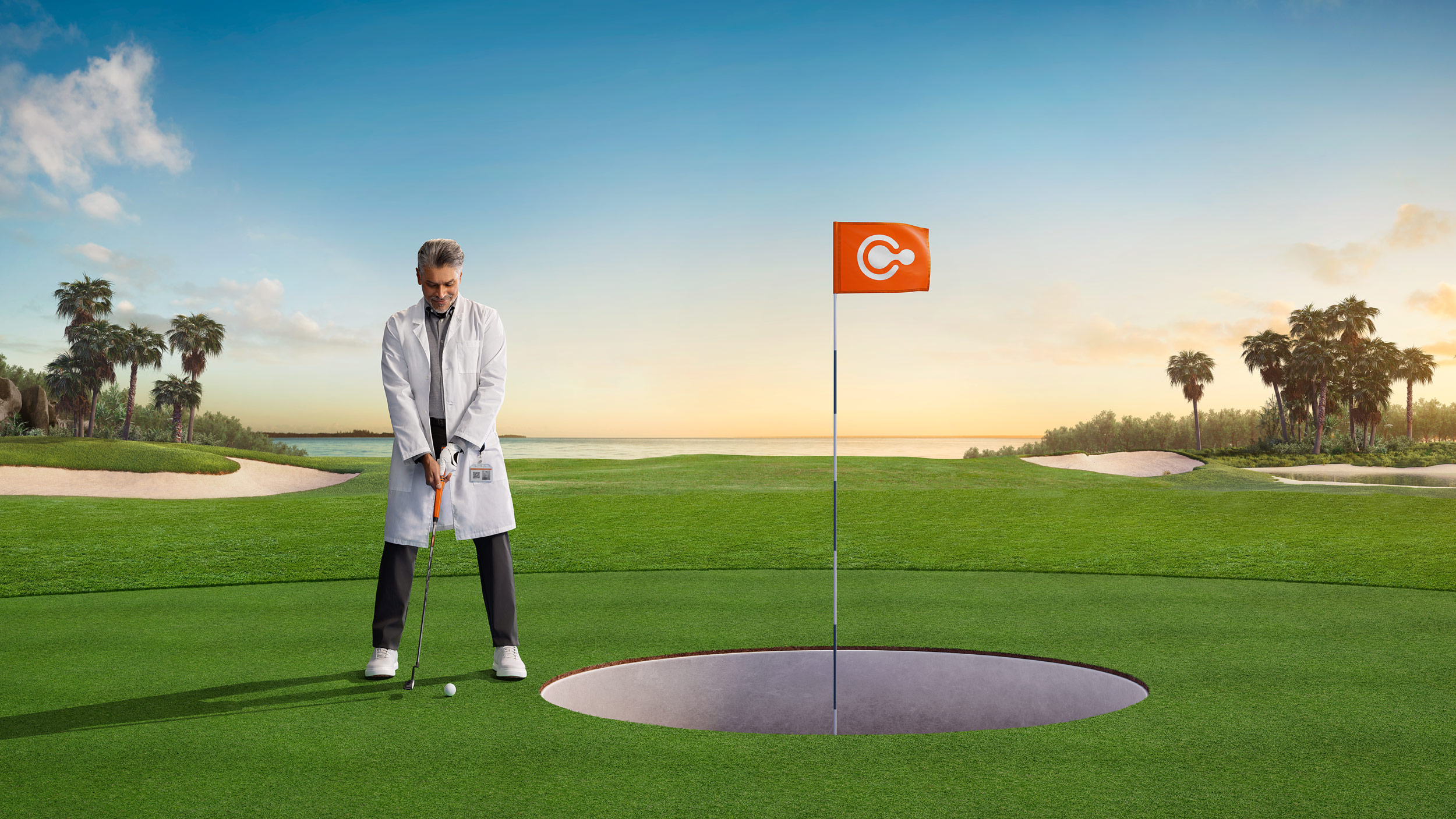 Camcevi pharmaceutical advertising campaign for Accord BioPharma. Doctor on a golf course in a hybrid photography and CGI scene by NY pharmaceutical advertising photographer Dale May. Featured in Workbook, April 2026.
